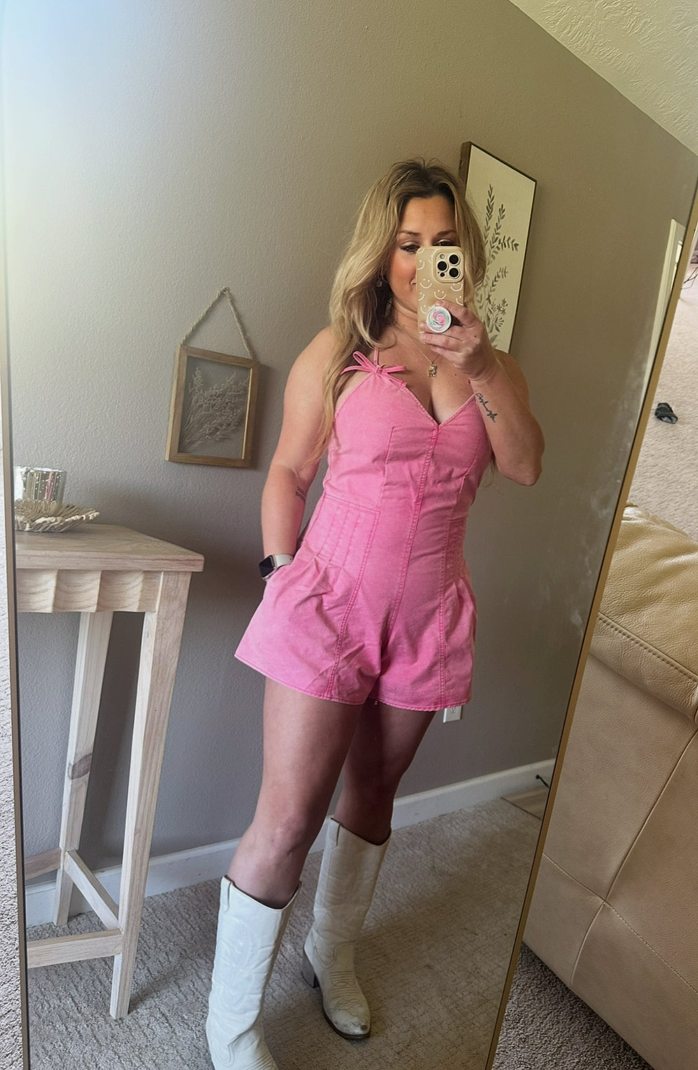 Pink Bow Denim Romper