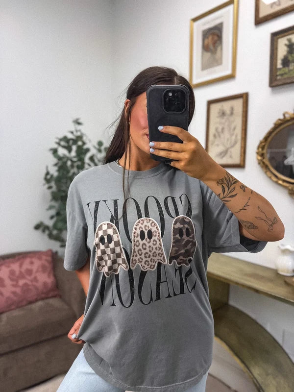 Spooky Season 3 Ghosts Graphic Tee on Grey-PRE ORDER