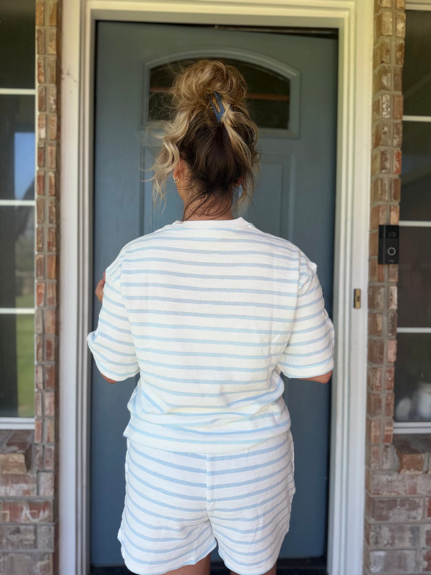 Striped Short Sleeve Terry Crew Neck Top w/ Shorts