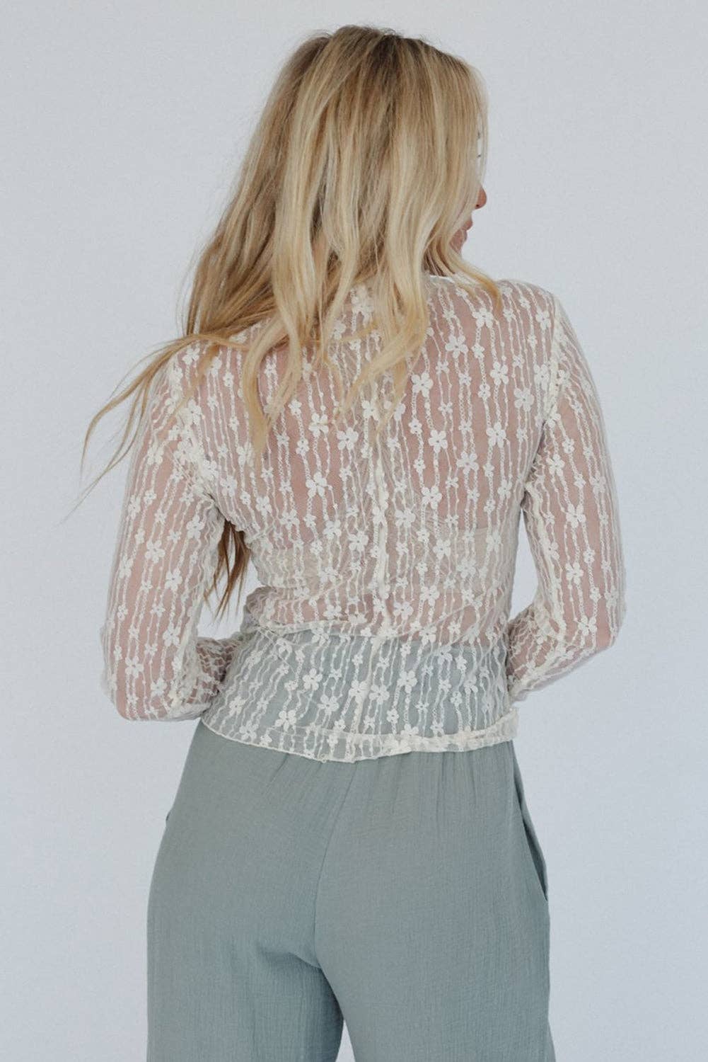 White Sheer Floral Lace Long Sleeve Top