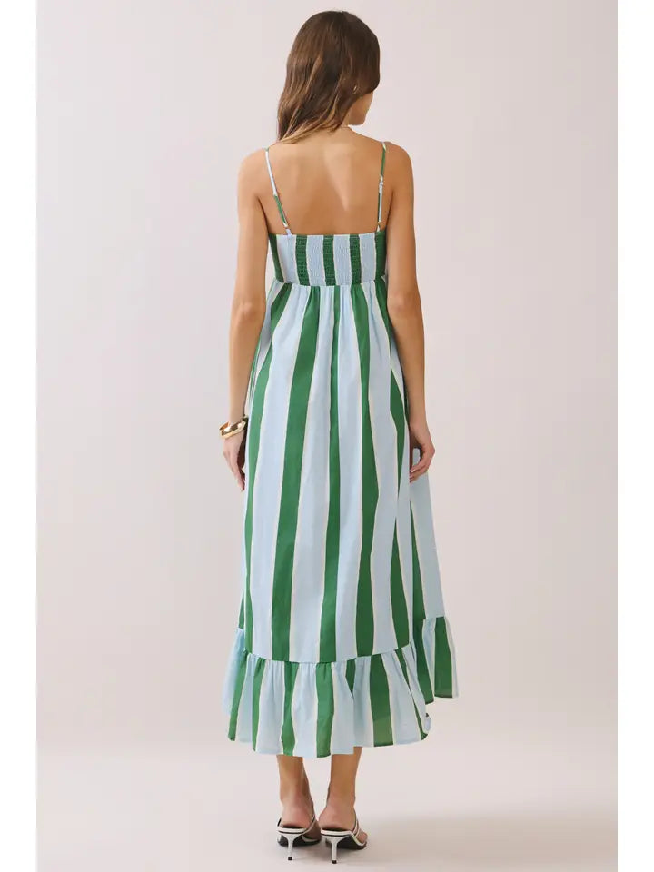 Striped Back Smocked Detail Side Pocket Maxi Dress