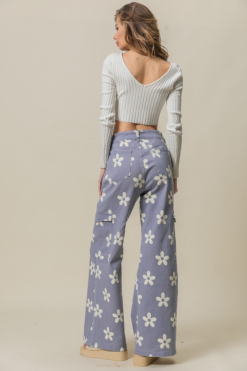 FLOWER PRINTED SIDE POCKET WIDE PANTS