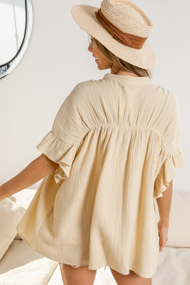 LOOSE FIT WRINKLE GAUZE SHIRRED DETAIL TOP