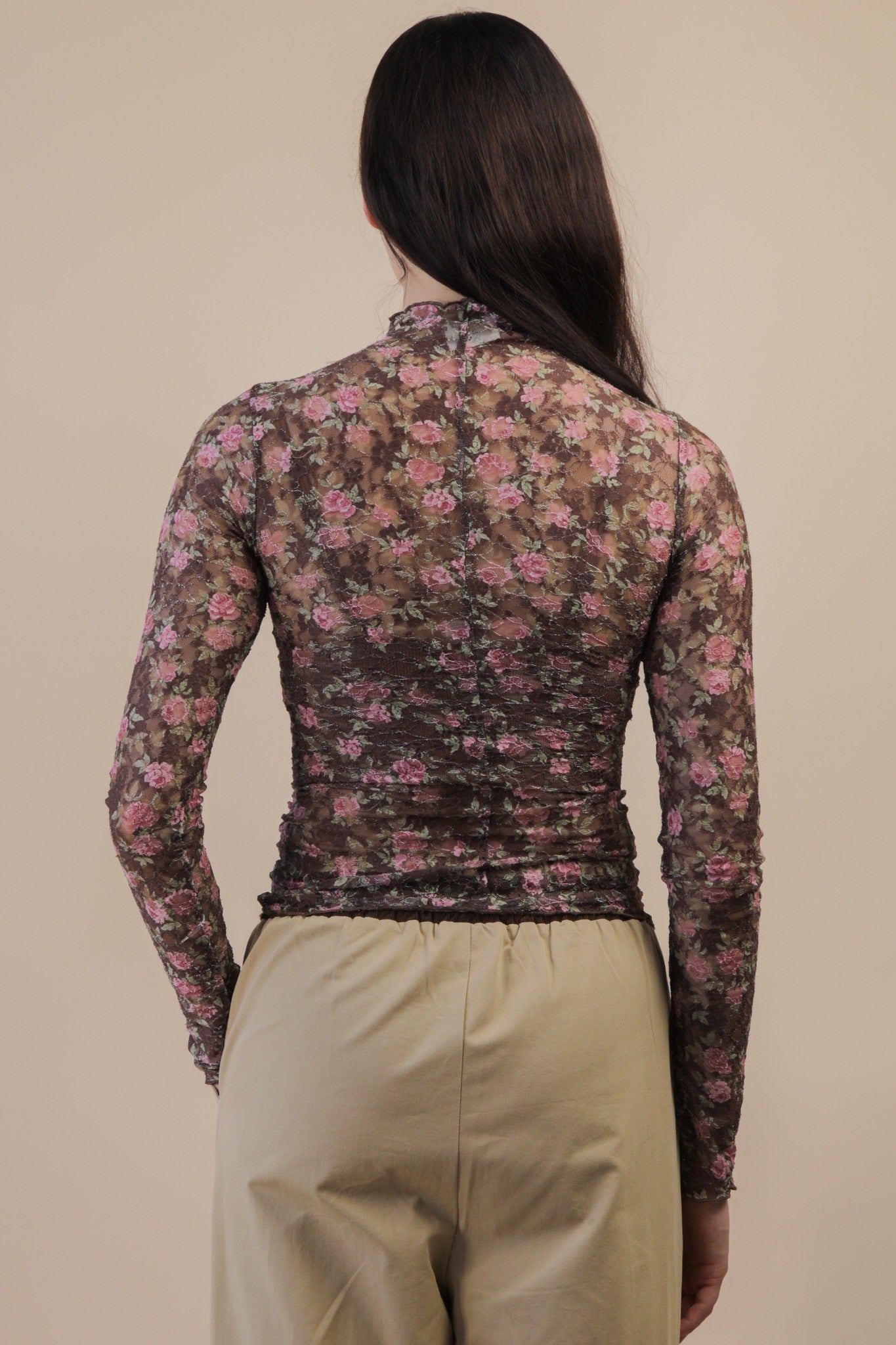Fitted Sheer Mesh Lace Top Chocolate Floral
