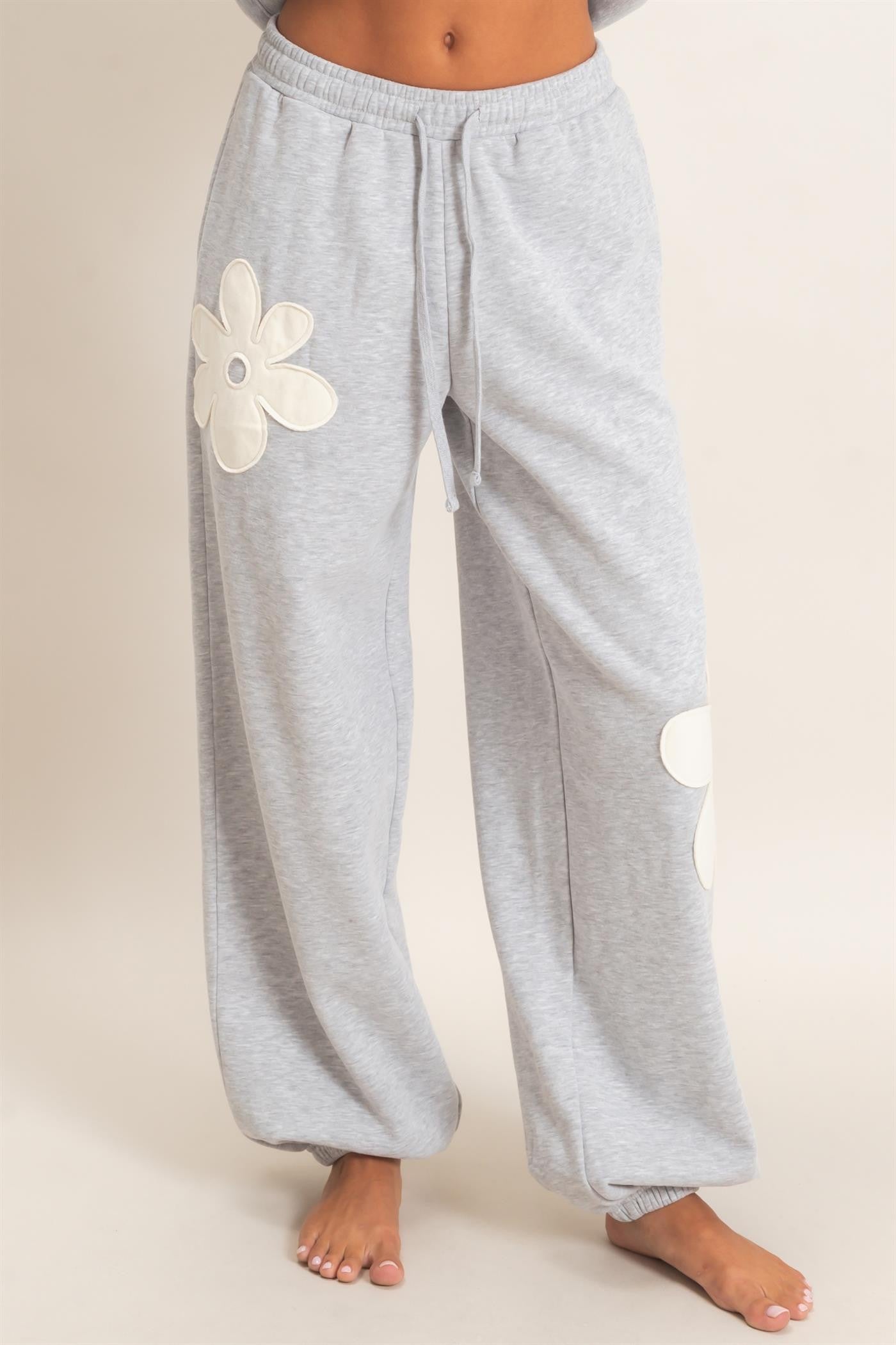 Floral Applique Drawstring Jogger Pants-Heather Gray