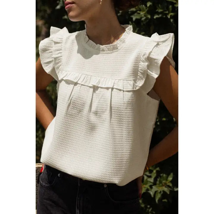 Solid Ruffle Waffle Knit Blouse
