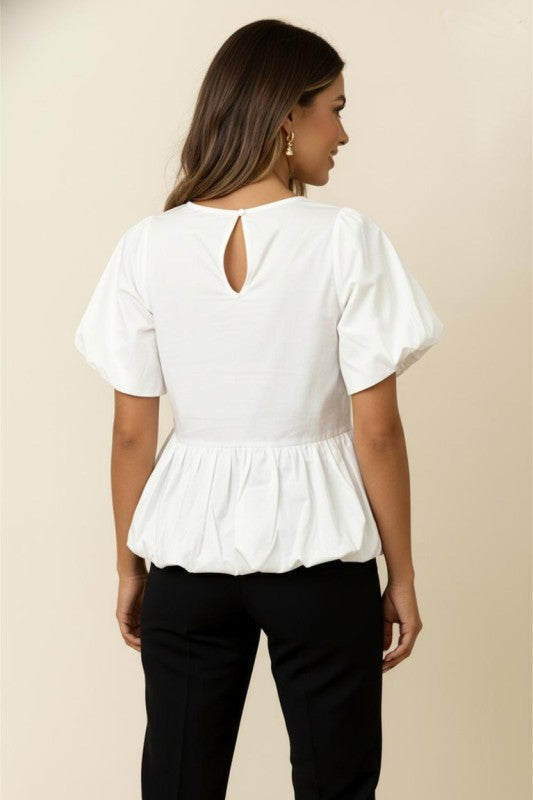 Raglan Bubble Sleeve Peplum Solid Woven Top