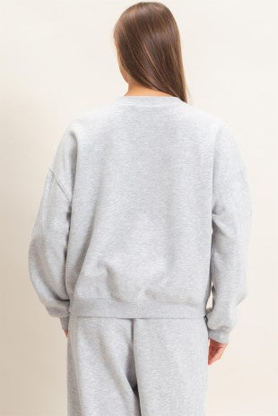Floral Applique Crew Neck Sweatshirt-Heather Gray