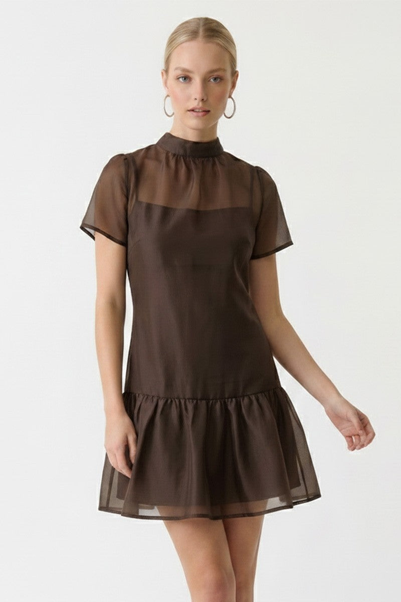 Soft Organza Mock Neck Mini Dress With Removable Slip Dress-Mocha