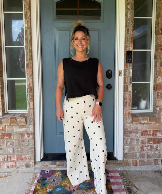 Falling Petals Polka Trouser Relaxed Fit Pants Black and White