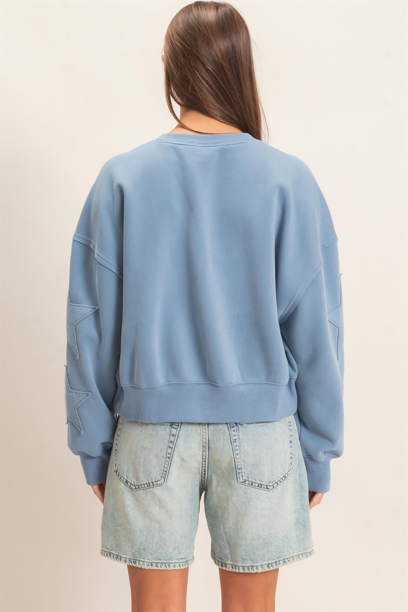Star Patch Sleeve Sweatshirt Dusty Blue