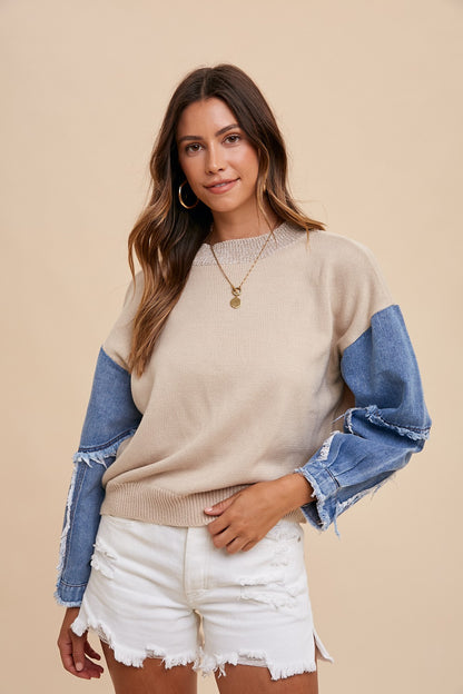 Denim Sleeve Contrast Distressed Sweater