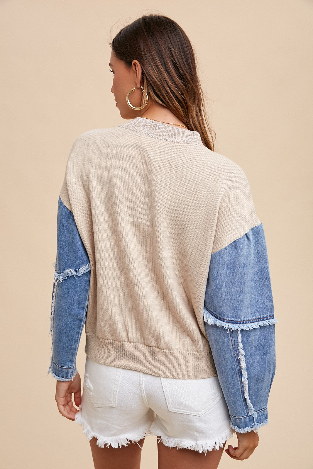 Denim Sleeve Contrast Distressed Sweater