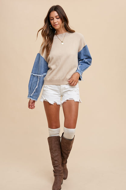 Denim Sleeve Contrast Distressed Sweater