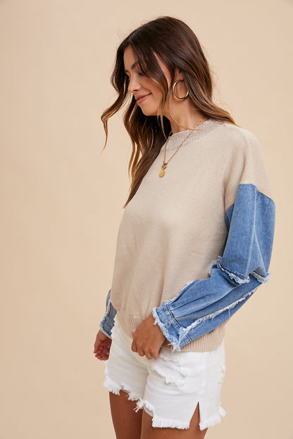 Denim Sleeve Contrast Distressed Sweater