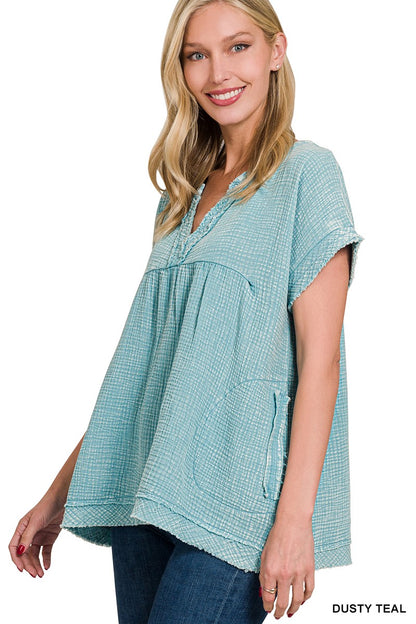 WASHED DOUBLE GAUZE RAW EDGE SHORT SLEEVE SHIRT