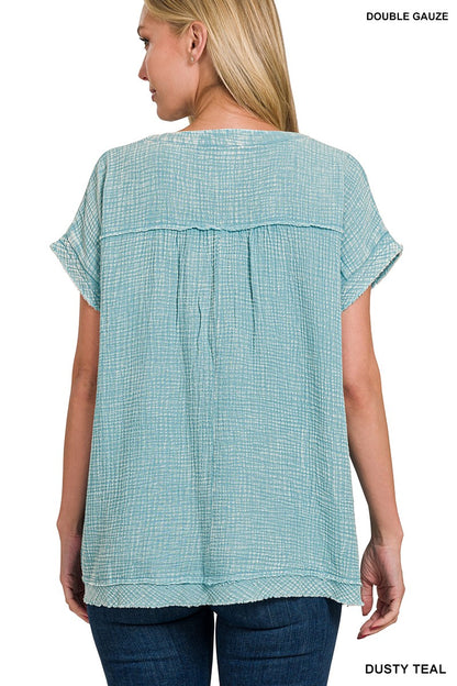WASHED DOUBLE GAUZE RAW EDGE SHORT SLEEVE SHIRT