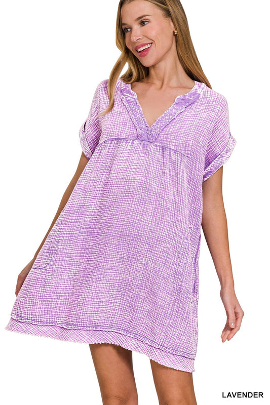 WASHED DOUBLE GAUZE RAW EDGE V-NECK DRESS