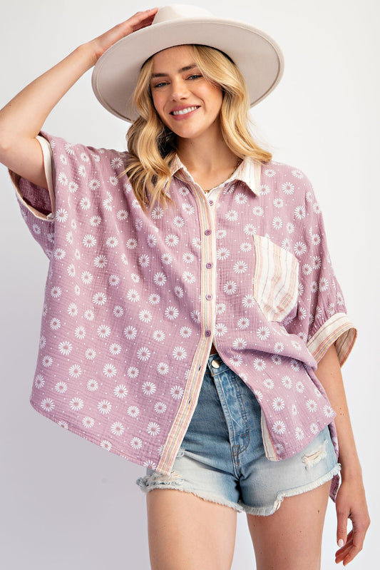 FLOWER PATTERNED COTTON GAUZE TOP