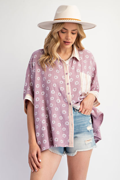 FLOWER PATTERNED COTTON GAUZE TOP