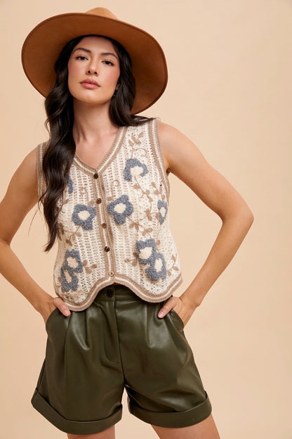 Floral Patch Crochet Sweater Vest