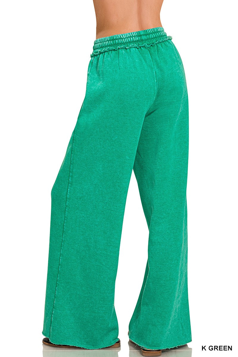 Acid Wash Fleece Palazzo Sweatpants With Pockets Green