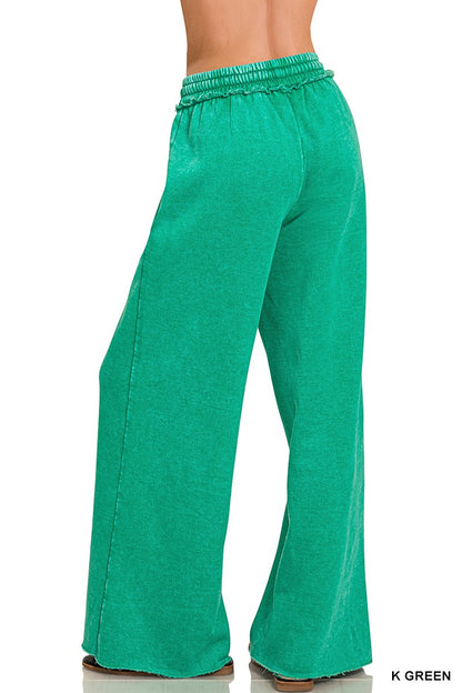 Acid Wash Fleece Palazzo Sweatpants With Pockets Green