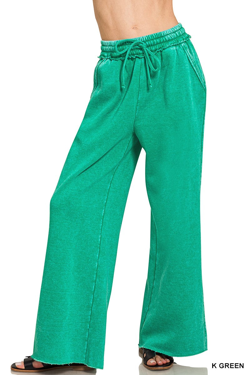 Acid Wash Fleece Palazzo Sweatpants With Pockets Green