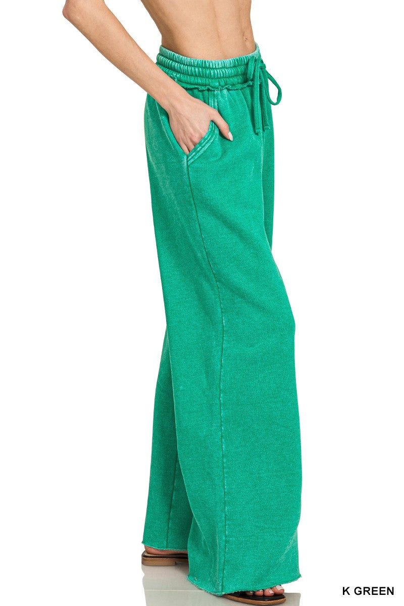 Acid Wash Fleece Palazzo Sweatpants With Pockets Green