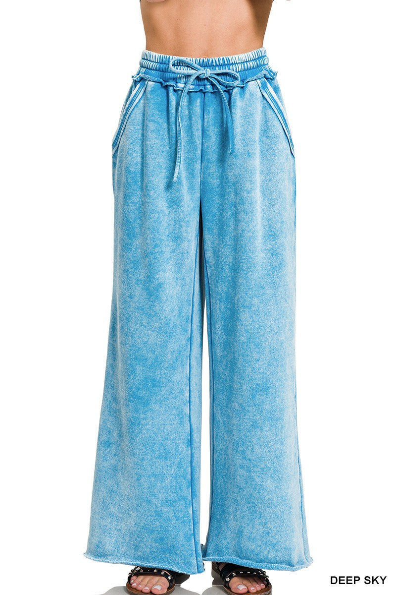 Acid Wash Fleece Palazzo Sweatpants With Pockets Sky Blue