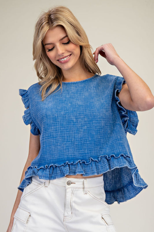 Washed Short Sleeve Ruffle Top
