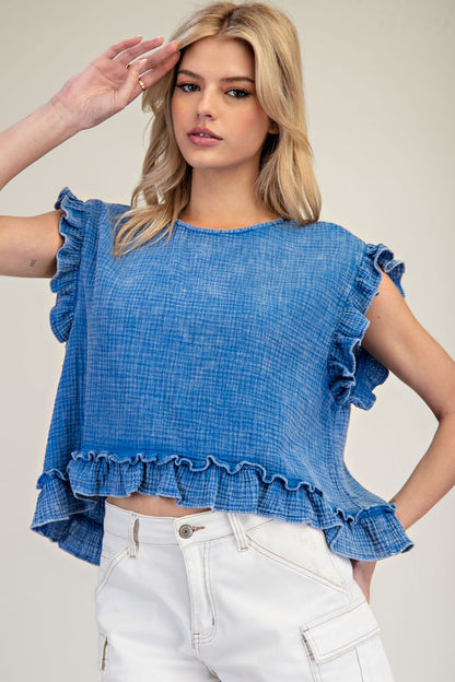 Washed Short Sleeve Ruffle Top