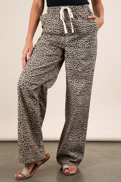 Leopard Print Linen Wide Leg Pants