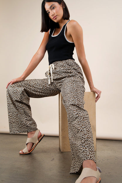 Leopard Print Linen Wide Leg Pants
