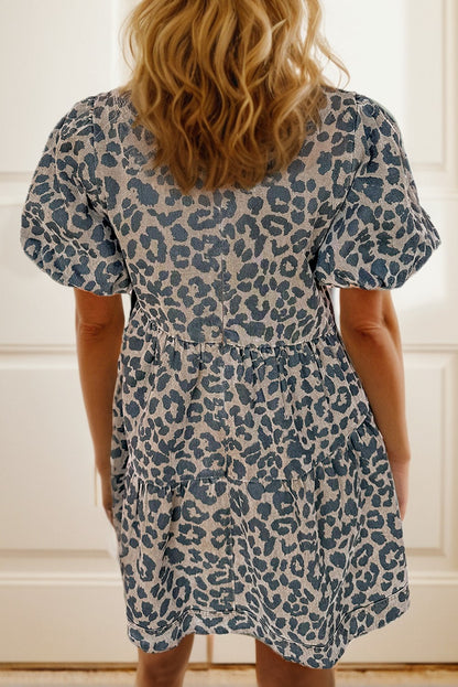 Denim Leopard Printed Short Sleeve Dress