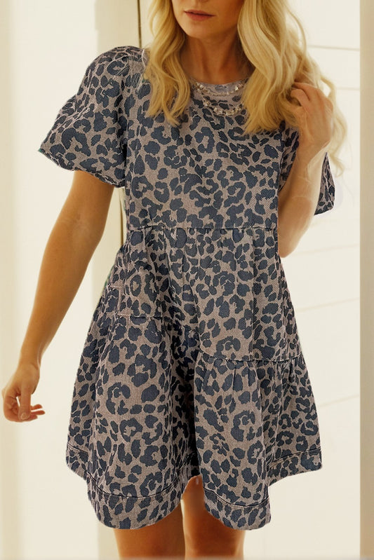 Denim Leopard Printed Short Sleeve Dress