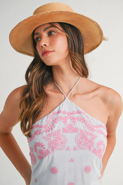 Embroidered Halter Neck Mini Dress