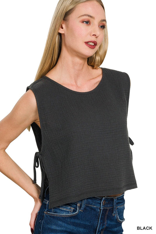 WOVEN AIRFLOW SIDE TIE SLEEVELESS TOP
