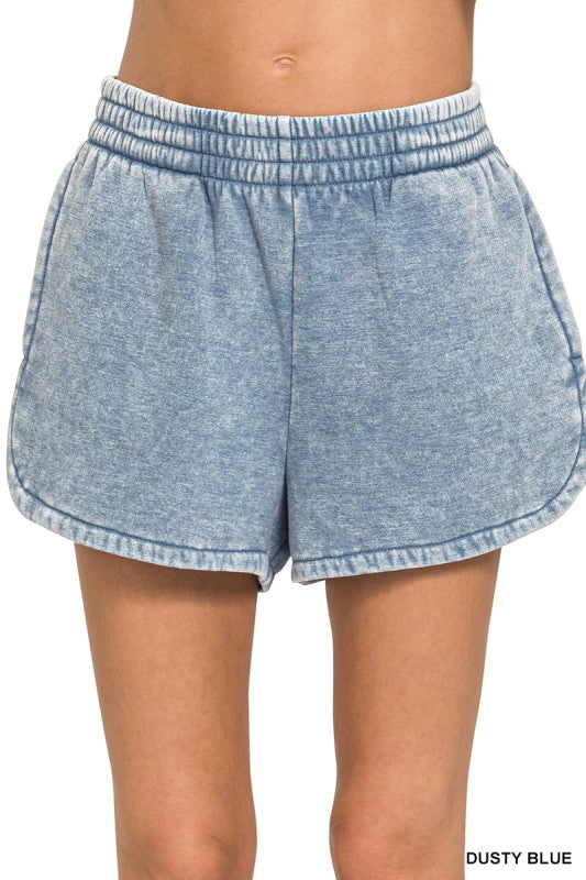 Acid Washed Elastic Waistband Dolphin Shorts Dusty Blue