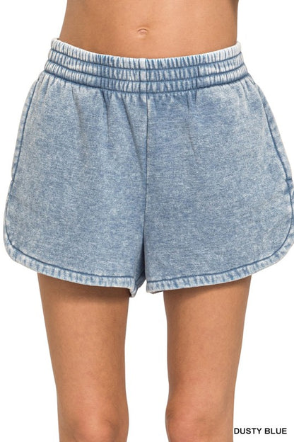 Acid Washed Elastic Waistband Dolphin Shorts Dusty Blue