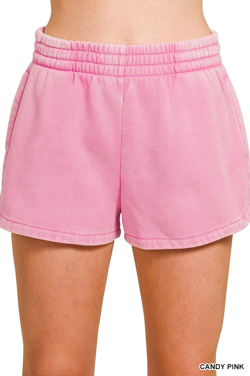 Acid Washed Elastic Waistband Dolphin Shorts Candy Pink