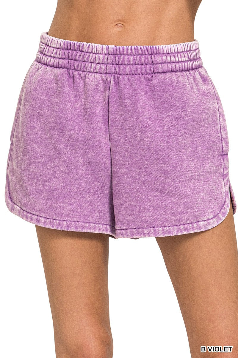 Acid Washed Elastic Waistband Dolphin Shorts Violet