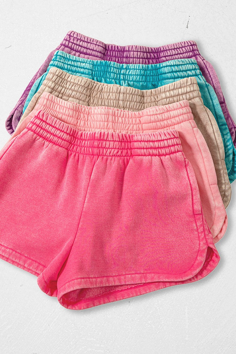 Acid Washed Elastic Waistband Dolphin Shorts Candy Pink