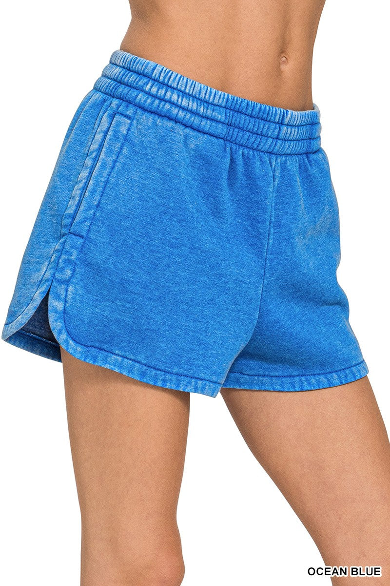 Acid Washed Elastic Waistband Dolphin Shorts Ocean Blue