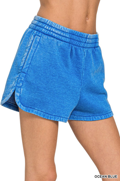 Acid Washed Elastic Waistband Dolphin Shorts Ocean Blue