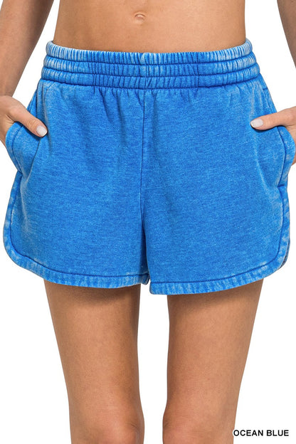 Acid Washed Elastic Waistband Dolphin Shorts Ocean Blue