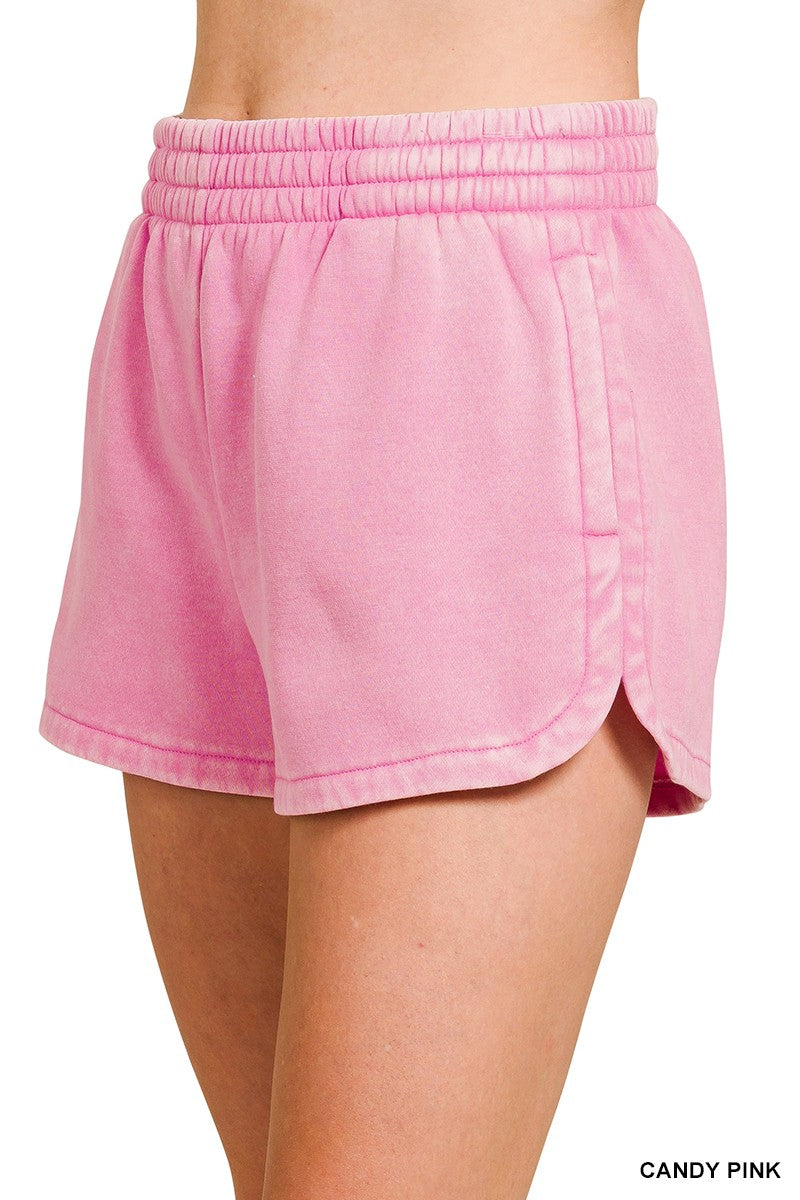 Acid Washed Elastic Waistband Dolphin Shorts Candy Pink