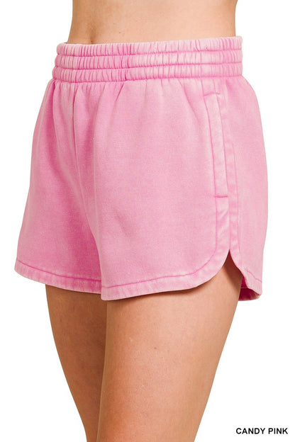 Acid Washed Elastic Waistband Dolphin Shorts Candy Pink