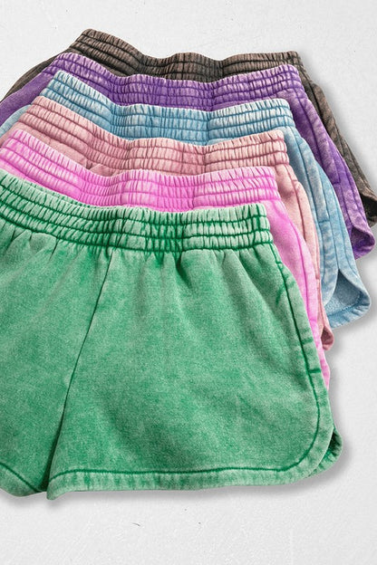 Acid Washed Elastic Waistband Dolphin Shorts Dusty Blue