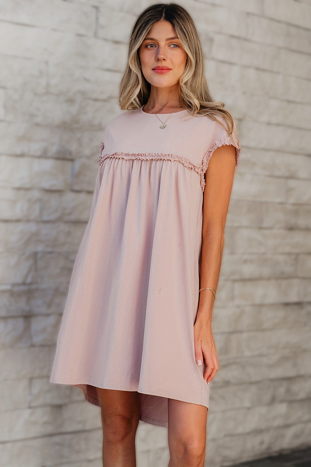 Frilled Trim Crew Neck Loose Fit Mini Dress